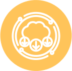 Outline of a cloud inside a circle with arrows pointing down